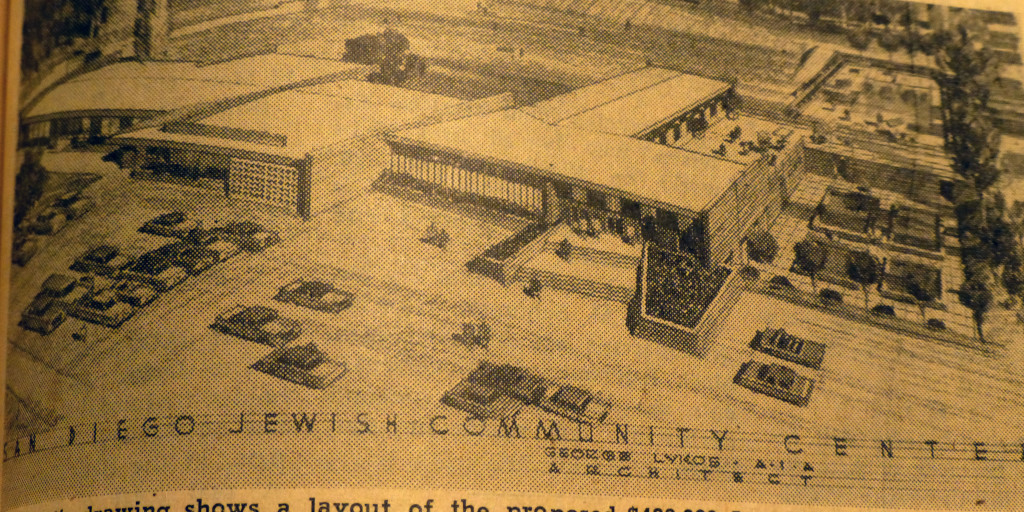 Architect's drawing shows a layout of the proposed $400,000 Jewish Community Center to be built on 54th Street near University Avenue.  George Lykos designed the Center.  Parking in front will hold over 400 cars. Play area in the rear will contain basketball, volleyball and badminton courts, outdoor handball court.  Swimming pool area will have an Olympic-size 75 x 40 swimming pool and a wading pool for youngsters. Colina Del Sol, the city park across the road from the Jewish Community Center, will contain baseball diamond, tennis courts, and a small golf course which can be used by Center members.