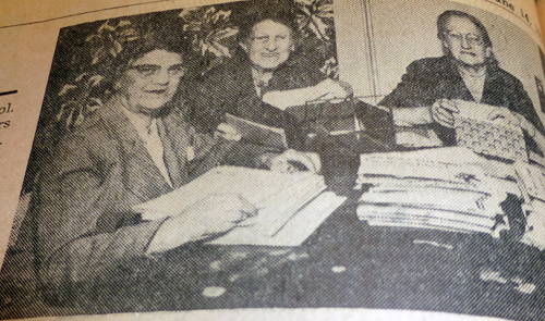 Senior citizens who spend hours, days and weeks as volunteers in the office of the United Jewish Fund during the campaign are Mrs. Joseph Krone, Mrs. Edith Bernheimer and Mrs. Elka Meyers.  Much of the success of the campaign was due to behind the scene work of volunteers such as these.