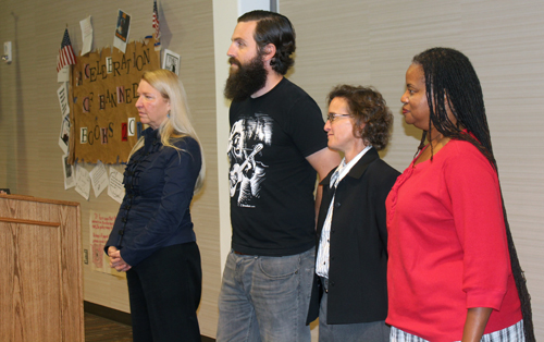 Banned Book speakers from left were Linda Mitchell, James Strand, Lisa Shapiro and T. Ford (Photos: Rebecca Jefferis Williamson)