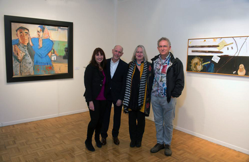 Between paintings by Patricia Patterson and the late Manny Farber stand, from left, artists Leslie Nemour, Jim Randall, Patterson, and William Mosley (Photos: Stephen Harvey, Grossmont College)