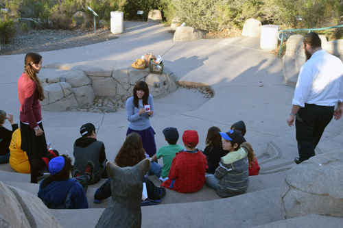 Coyote statue in foreground appears to be listening as Rebbetzin Chaya Andrusier tells about special fruits associated with the Land of Israel. Rabbi Rafi Andrusier is at right