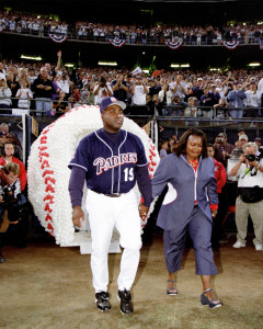 Tony and Alicia Gwynn at retirement ceremony at Qualcomm Stadium